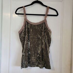 Y2K Camisole Tank Top Womens Large Spaghetti Crushed Velvet Lace Moss Green VTG